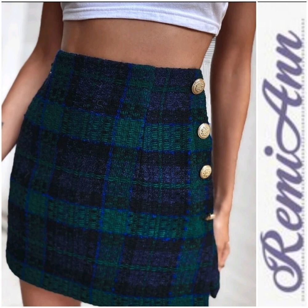 Plaid Button Mini Straight Skirt